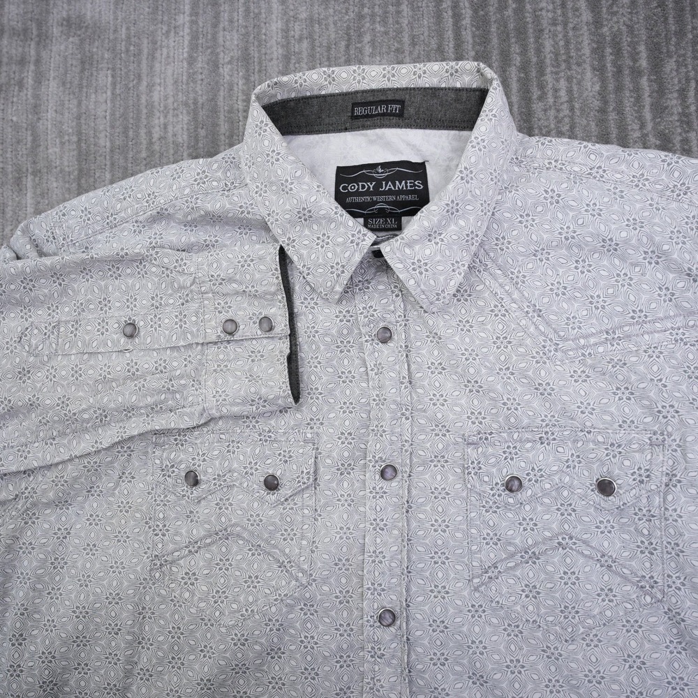 Cody James Mens XL Regular Fit Western Snap Button Geometric Print Shirt Grey